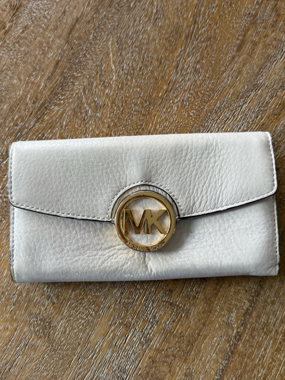 Michael Kors Cream Leather Continental Wallet with Gold MK Emblem